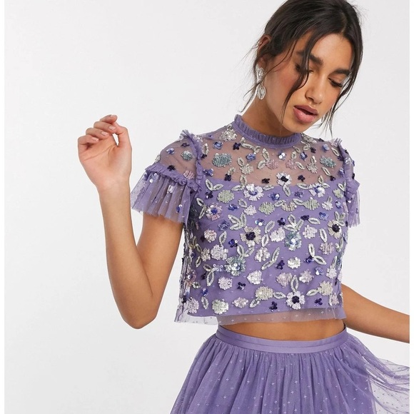 Needle & Thread Lilac embroidered crop top - Picture 1 of 12